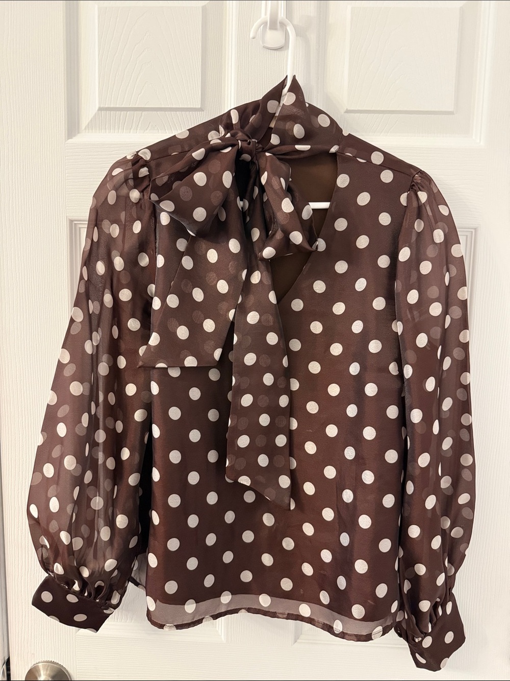MELLODAY Brown and White Polka Dot Tie-Neck Blouse